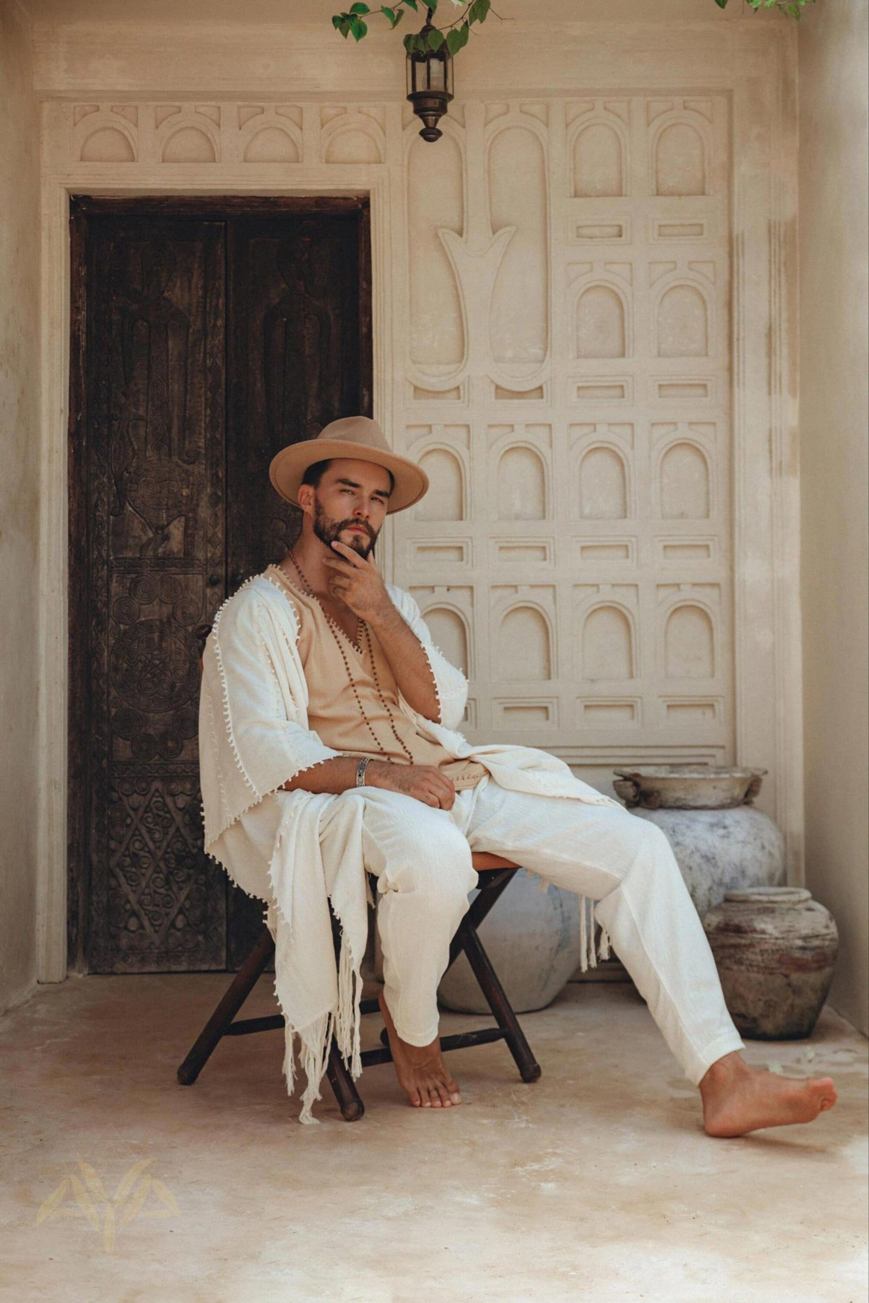 Off White Long Cotton Pants Men Wide Leg